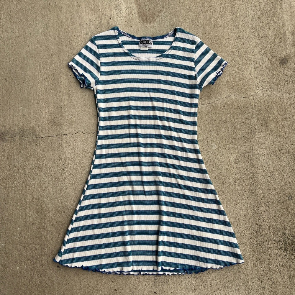 VTG Y2k Striped T Shirt Dress Short Sleeve Lettuce Hem Teal White Medium